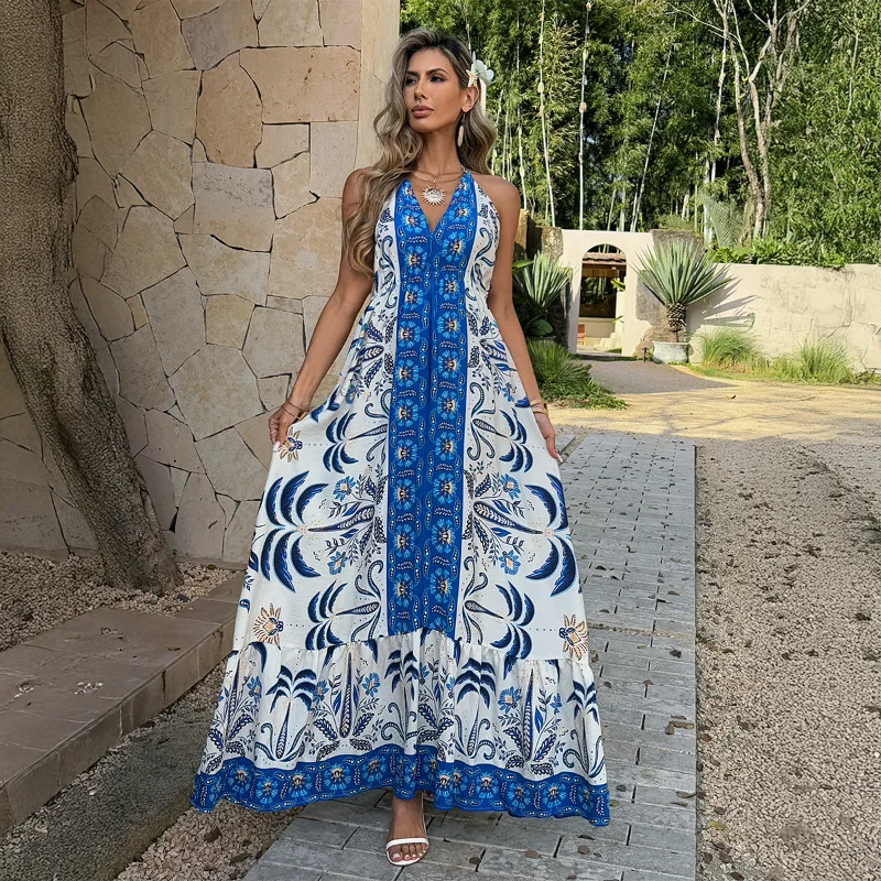 Ethnic Boho Fashion - Damen Boho Neckholder-Maxikleid mit Blumenmuster, Ethno-Print,