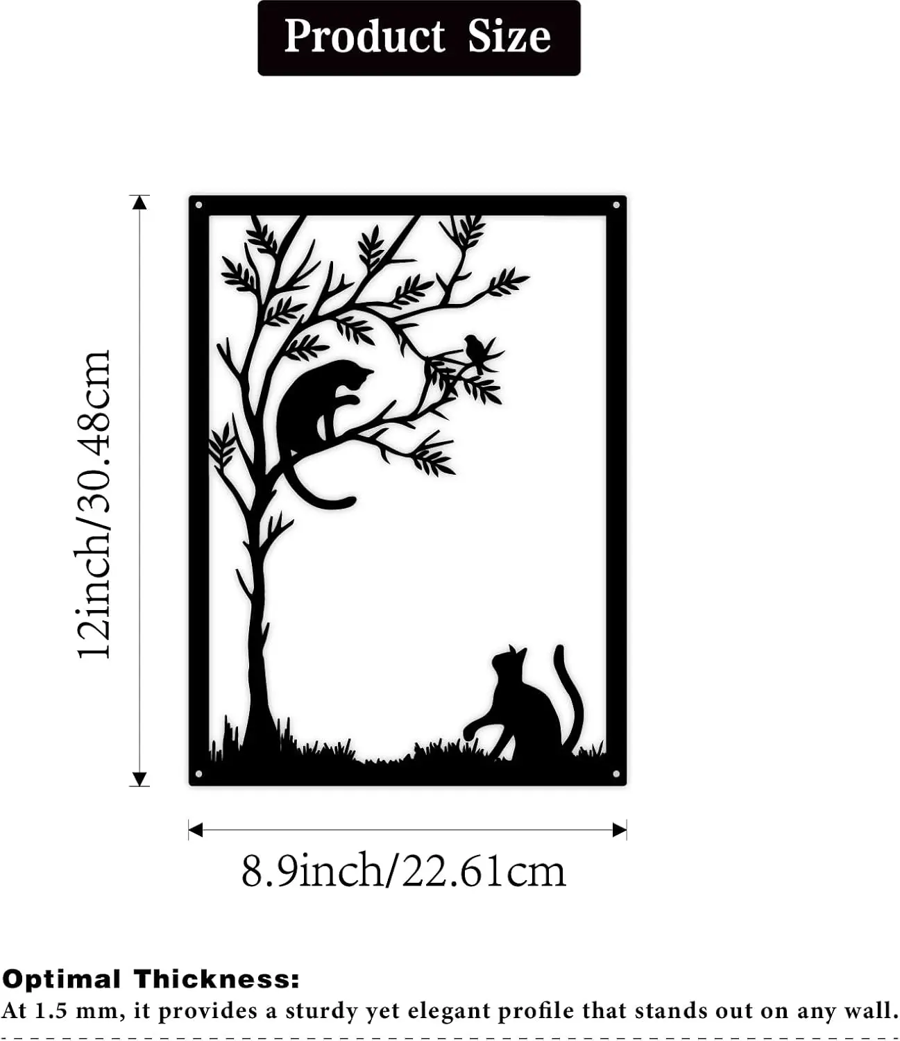 Black Metal Cat Wall Art Animal Leaf Tree Aluminum Sign Hanging Decor Outdoor Garden Gift for Housewarming Cat Lover Plaque