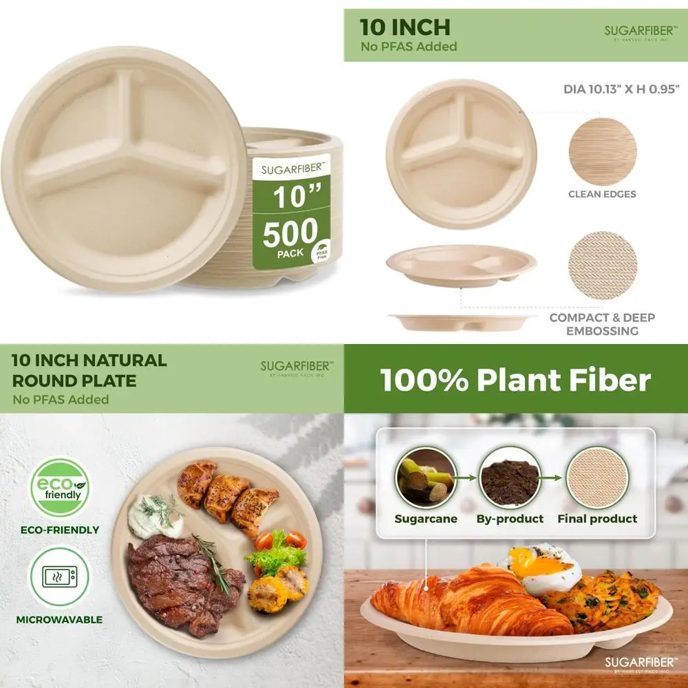 

Экологичные компостируемые 10-дюймовые бумажные тарелки с 3 отделениями, круглые разделенные тарелки для паспорных вечеринок и мероприятий