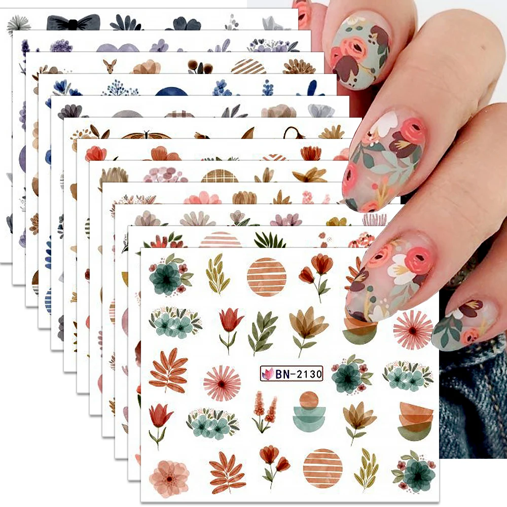 Pegatinas de Líneas geométricas para uñas, calcomanías decorativas para manicura, diseño abstracto de hojas y flores, 12 unidades