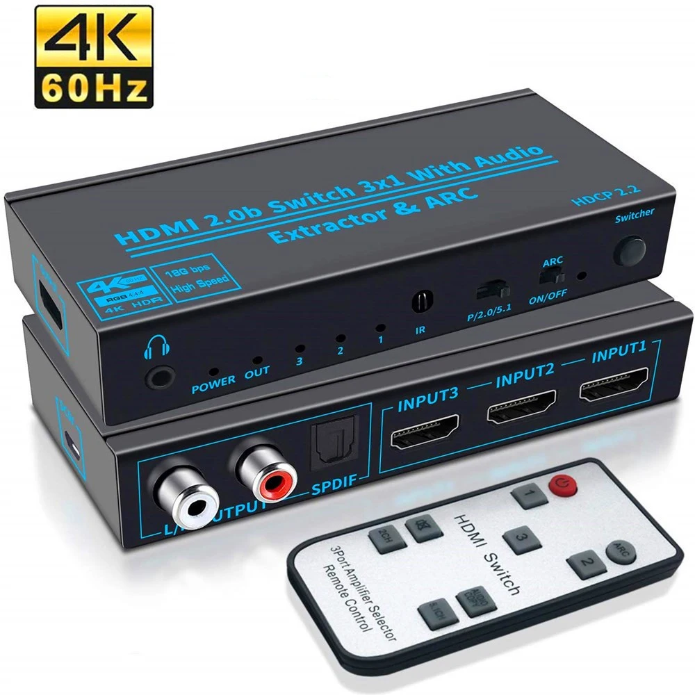 HDMI-Compatible Switch Audio Extractor 4K@60Hz ARC Toslink SPDIF HDMI-Compatible 3x1 Switcher Converter for PS4/5 Xbox TV Laptop