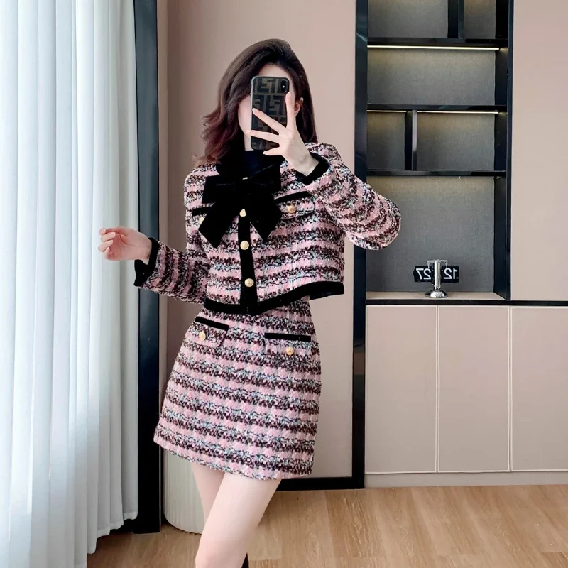 Women's Autumn/Winter Fragrance Short Bow Pink Velvet Striped Blazer Skirt Set Vintage Lace-up Tweed Blazer Skirt Two-piece Set