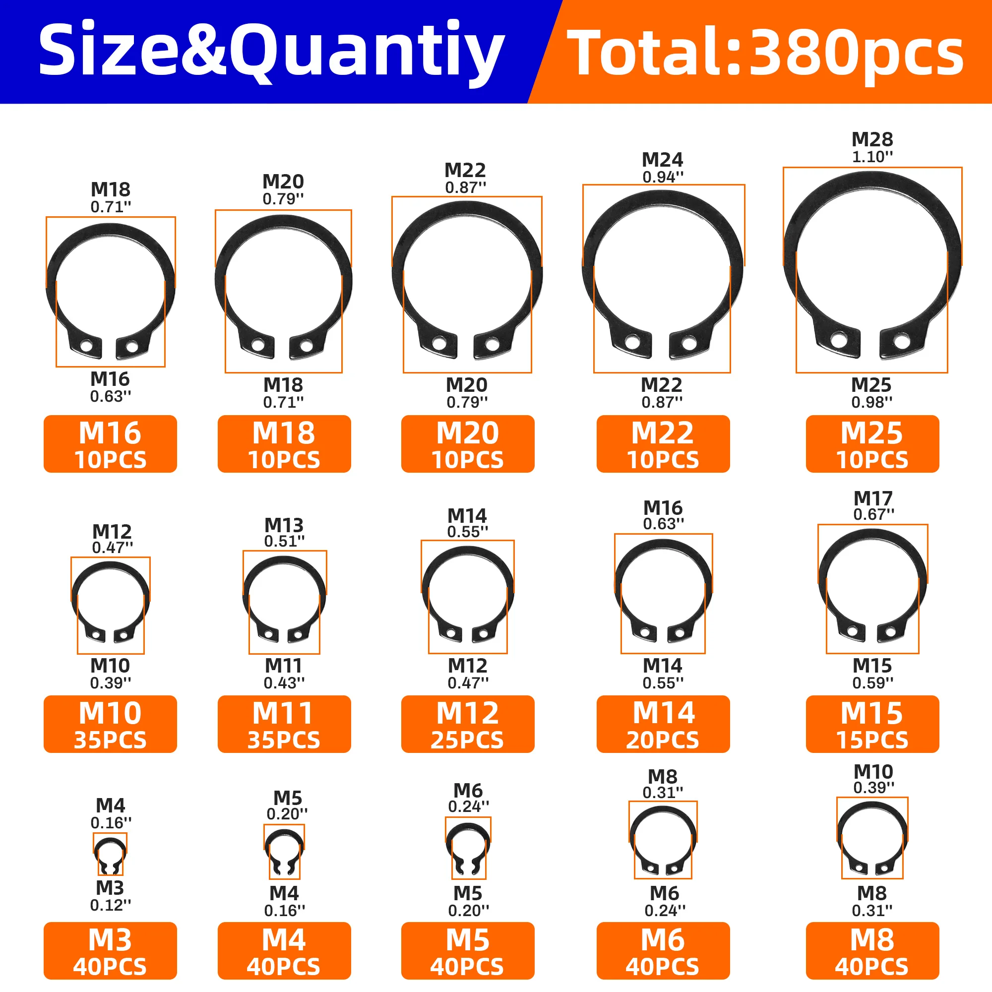 380Pcs External Retaining Rings Snap Rings Assortment Kit, External C-Clip Set Carbon Steel, 15 Sizes Circlip Snap Rings