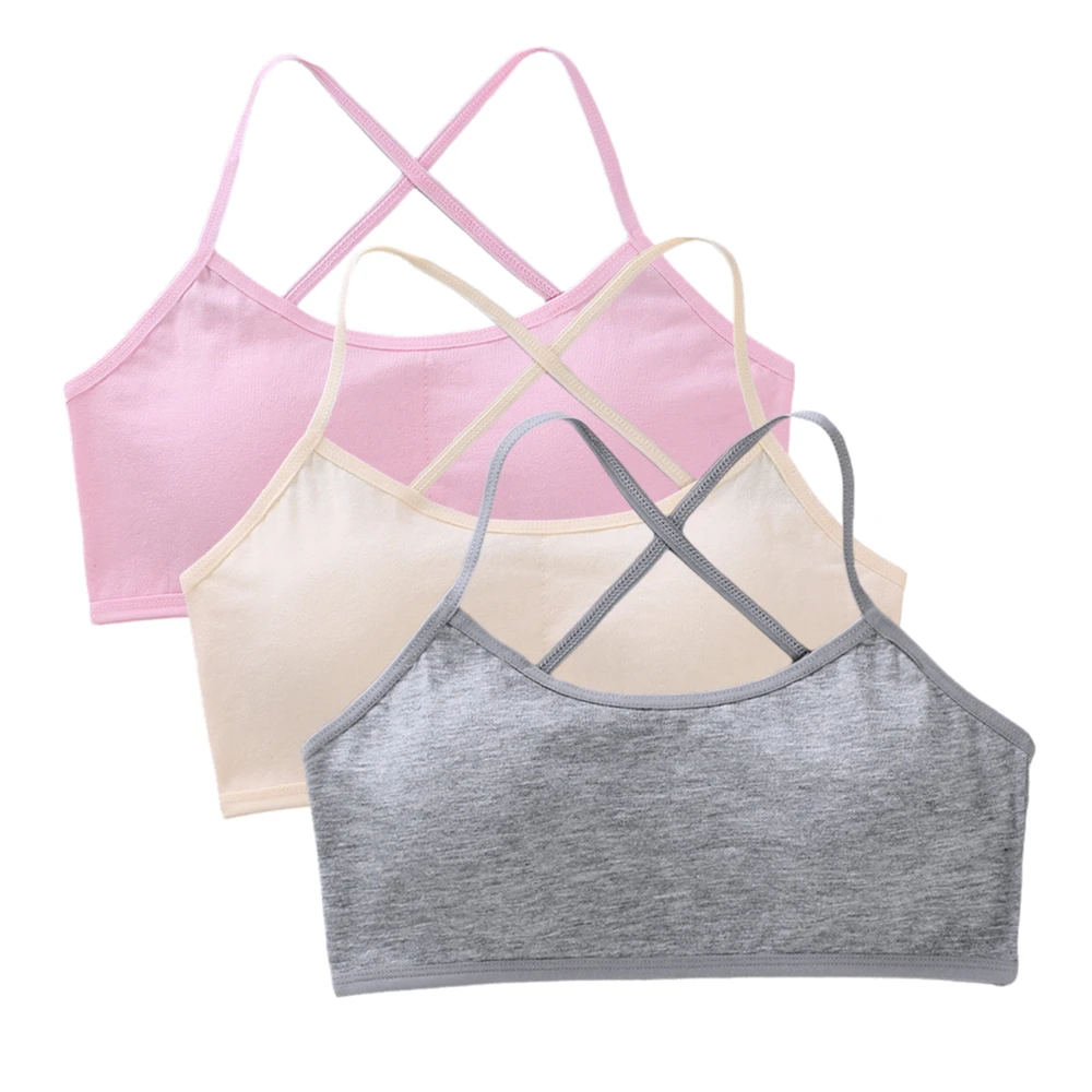 3-pack Solid Cross Back Training Bras For Girls 8-14 Cotton Padded Camisoles  Preteen Teen Developmental Training Bras Children