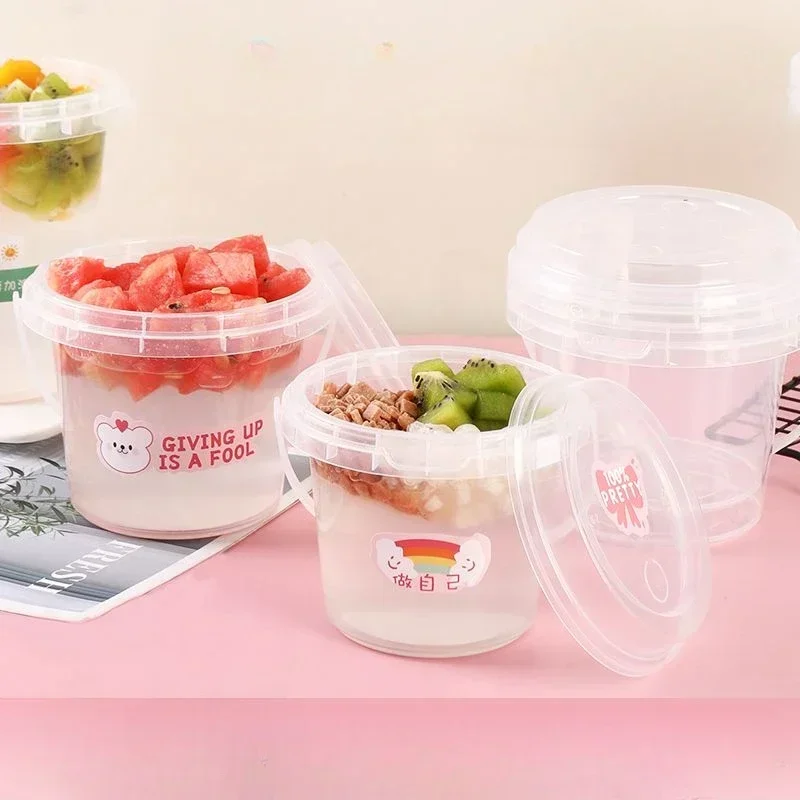 25pcs Milk Tea Cold Drink Special Bowls Fruit Ice Cream Round Portable Packag Box Commercial Takeaway Handheld Fruit Tea Bucket