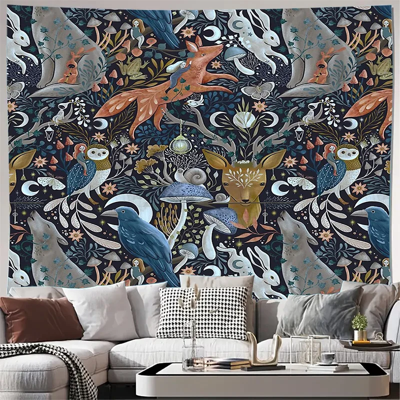 Fantasy Forest Tapestry Woodland Animals Nature Wall Hanging Bohemian Decor Mystical Deer Fox Owl Cottagecore Aesthetic Room Dec
