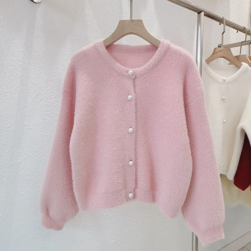 2024 Spring Autumn O-neck Pearl Buttons Cardigan Women Casual Single-breasted Soft Mink Velvet Knitted Sweater All-match Sweater