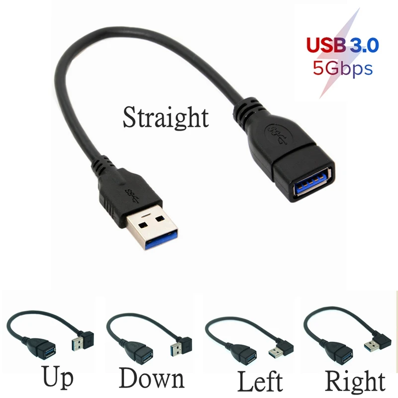 Câble d'extension USB 3.0 mâle vers femelle, résistant à 90 degrés, 20cm, 5Gbps, droit, magasins, haut, bas, développement rapide, câble de données 3A