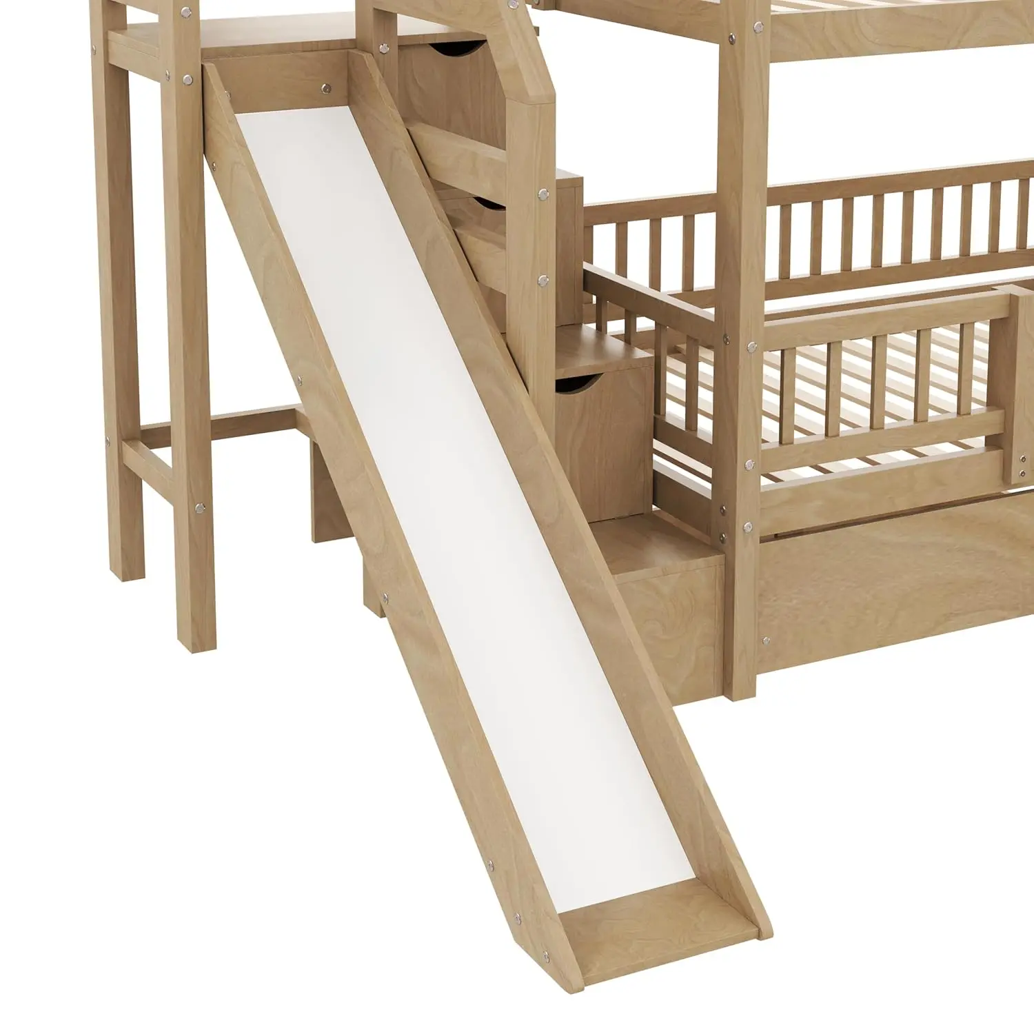 Twin Bunk Bed with Drawers Slide Storage Stairs Solid Wood Frame Fence Kids Teens No Box Spring No Squeaks,