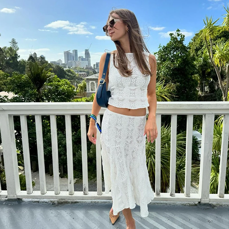 Y2K White Casual 2 Piece-Set Long Skirt Women Hollow Out Patchwork Sexy Cropped Tank Top And Maxi Skirt Sets Female Outfits