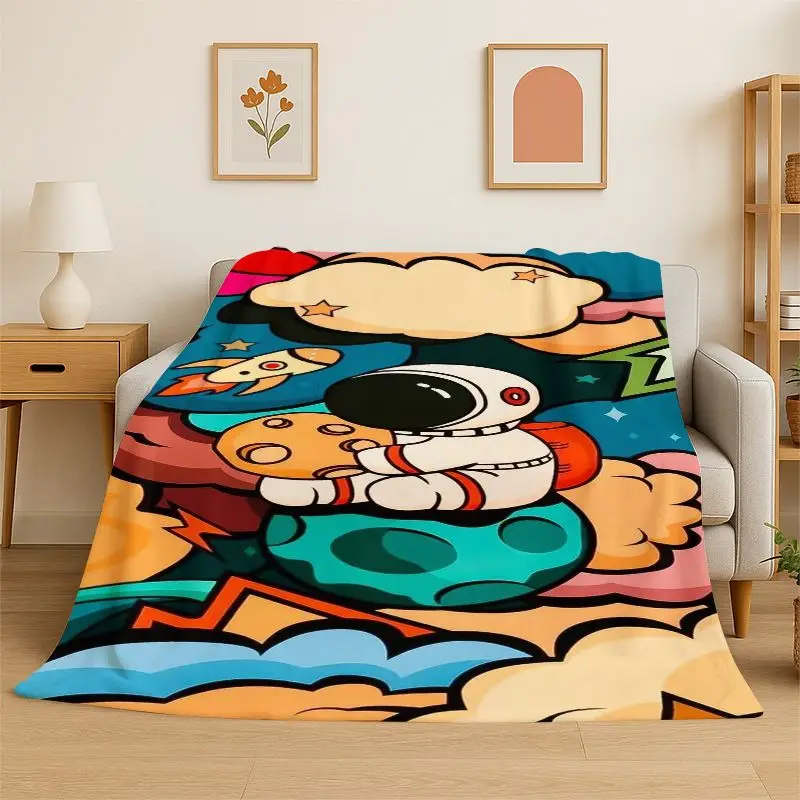 Cartoon Astronaut Spaceman Planet Flannel Blanket Soft Throw Blanket for Bedroom Living Room Bed Travel Camping Nap Cover Gift