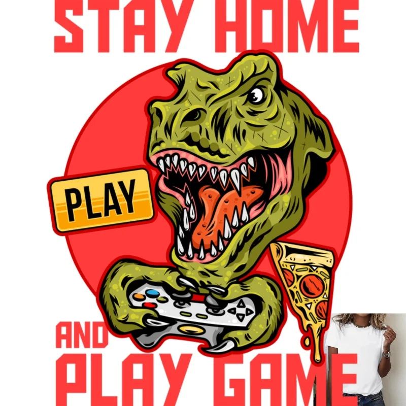 Fun Dinosaur Gaming Pizza Heat Transfer White Ink Iron - on Patch, Casual Home Style, Suitable for T - shirts/Canvas Bags and