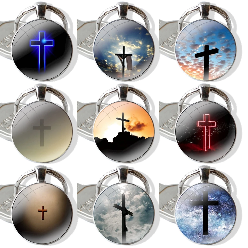 Keychain Handmade Glass Cabochon Key Ring Holder Pendant Key Chains Christian Jesus The Cross Cartoon Design Creative Fashion