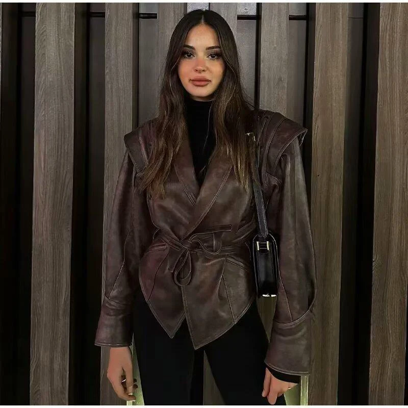 2024 Women Vintage Loose Pu Faux Leather Short Jacket With Belt Streetwear Female Retro Moto Biker Coat Outwear Tops