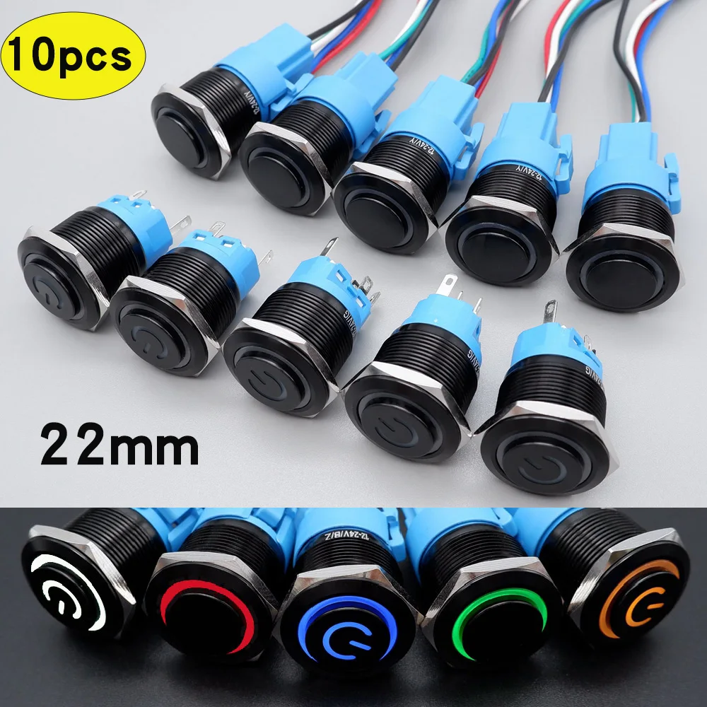 

10pcs 22mm Metal Power Switch High Head Push Button Waterproof LED Light Momentary Self Reset/Lock Button Car Start Switch 12V