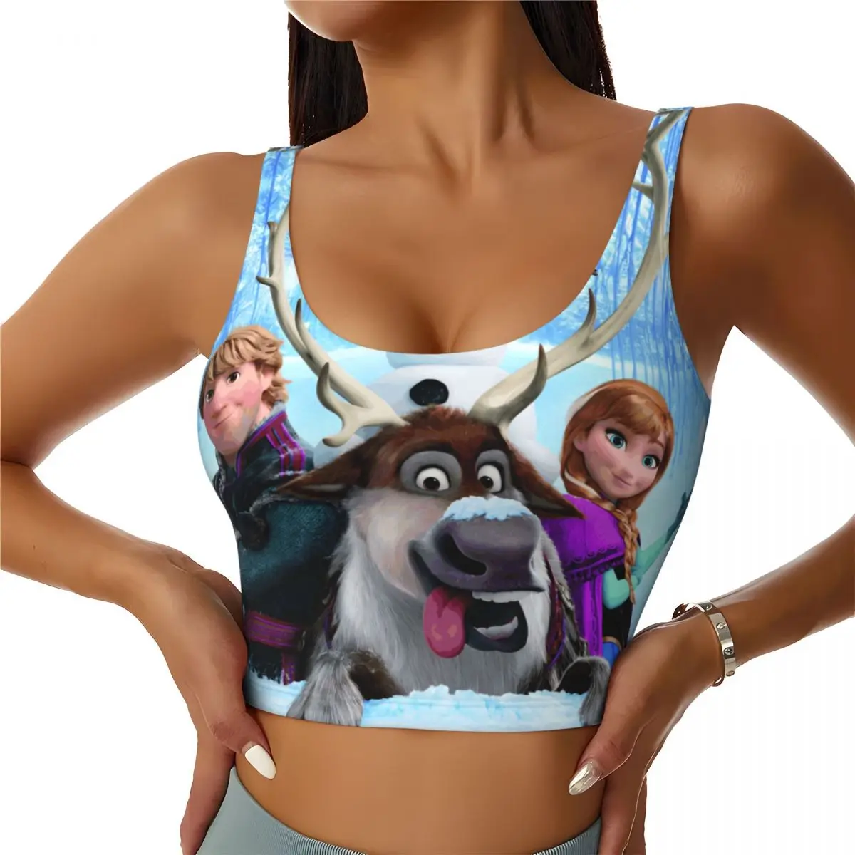 

Custom Elsa Cartoons Frozen Princess Workout Crop Tank Tops Women Anime Running Sports Bras