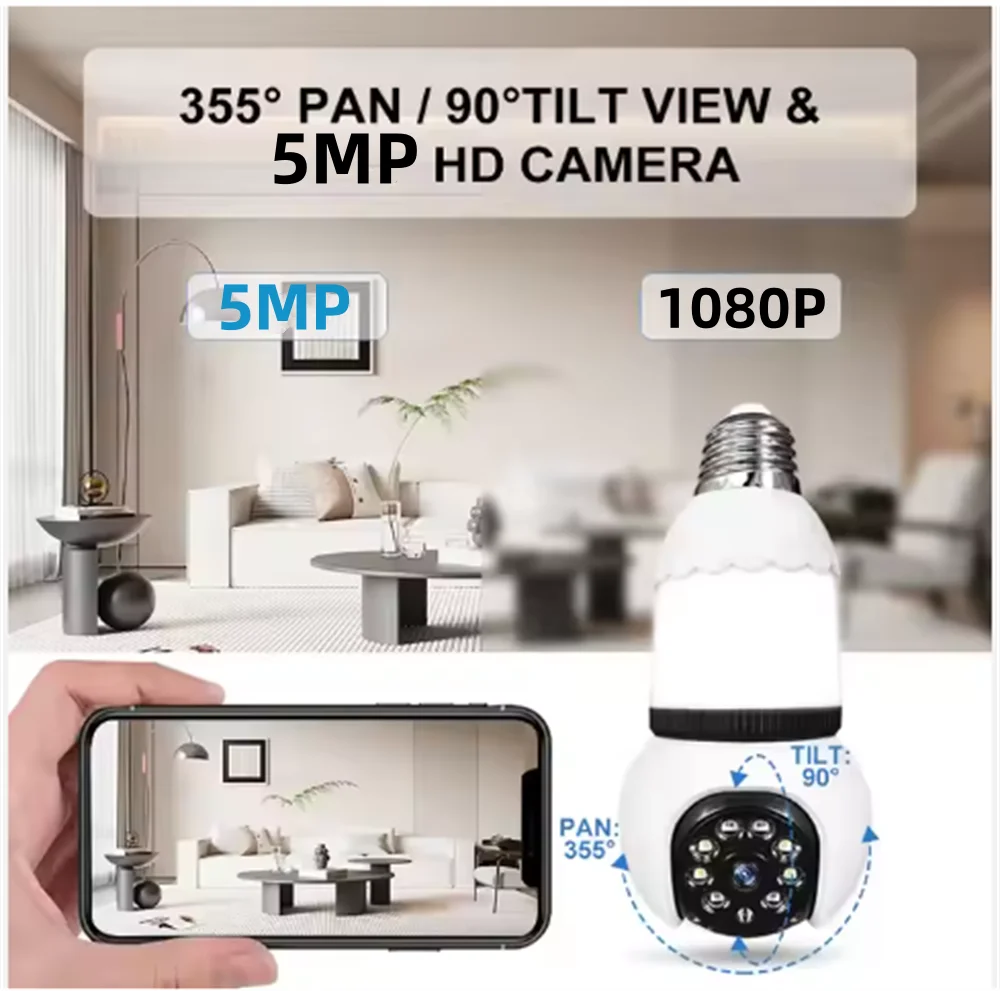 5MP E27 Bulb indoor Camera Bulb&Camera 2in1 Wi-fi Two-way Talk Security Surveillance CCTV Outdoor Security Camera Human Tracking