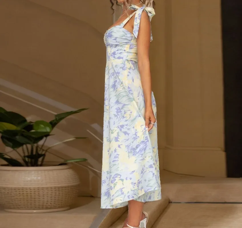 

Women Floral Print Long Dress Summer Sleeveless Square Neck Vestidos Korean French Beach Strap Elegant Evening Dress Y2k Платье