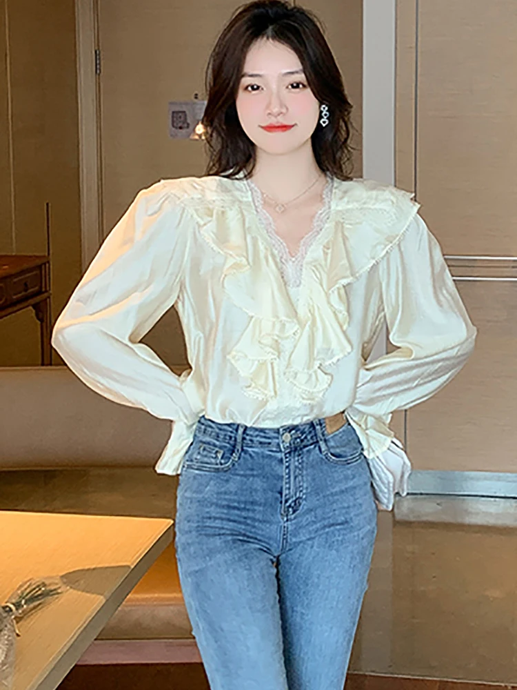 

Spring Autumn White Acetate Long Sleeve Blouses Women Elegant Chic Ruffled Top Shirts 2024 Korean Fashion Lace Casual Top Coats