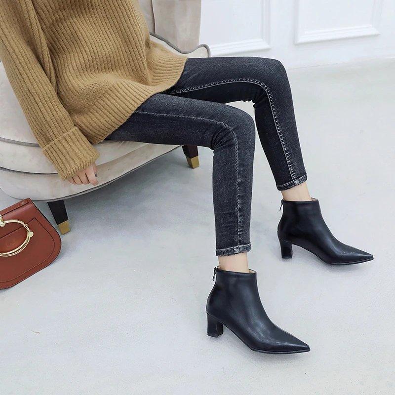 Plus Size Winter Women Ankle Boots Black Beige High Chunky Heels Casual Office Lady Pointed Toe Fashion Zipper Plush Short Boots