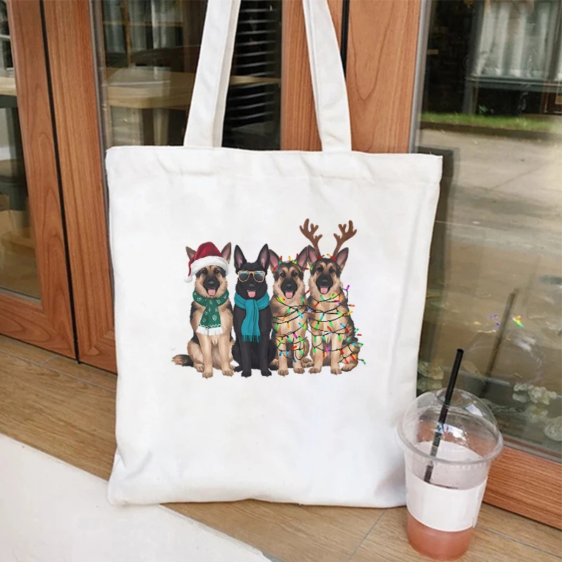 Bolso de lona de perro pastor alemán de Navidad para mujer, bolsos de compras, almacenamiento de dibujos animados ambiental, bolso de hombro reutilizable