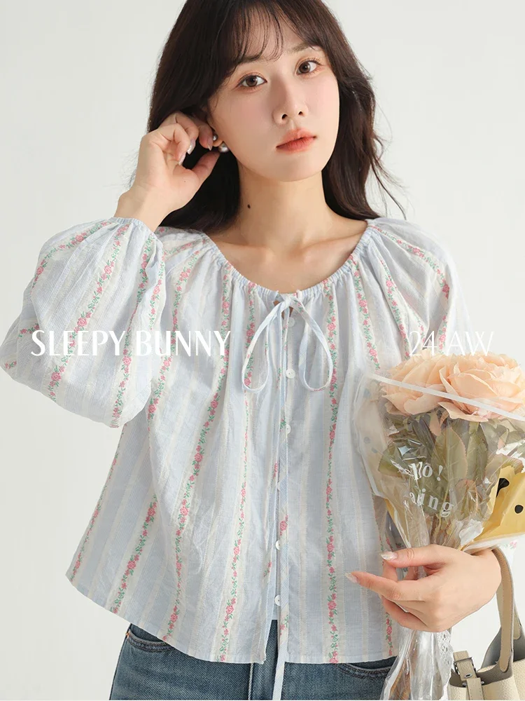 Spring Women Striped Lantern Sleeve Blouse Casual Sweet O-Neck Tie Detail Short Top Elegant Loose Fit Shirt for Everyday Wear