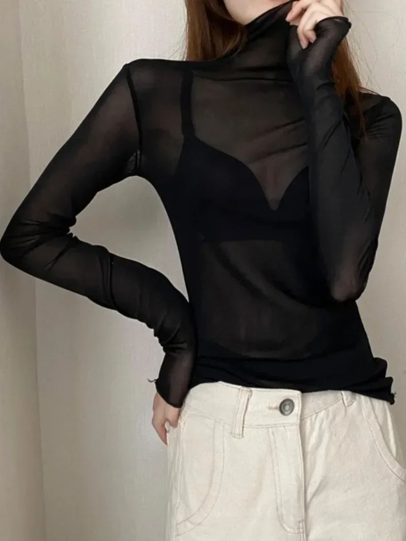 Blusa de fundo de renda de gola alta para mulheres na moda primavera outono manga comprida roupas de gaze fina transparente