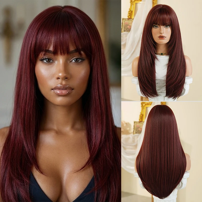 Reddish Brown Long Straight Synthetic Wig with Bangs Auburn Glueless Layered Wigs for Women