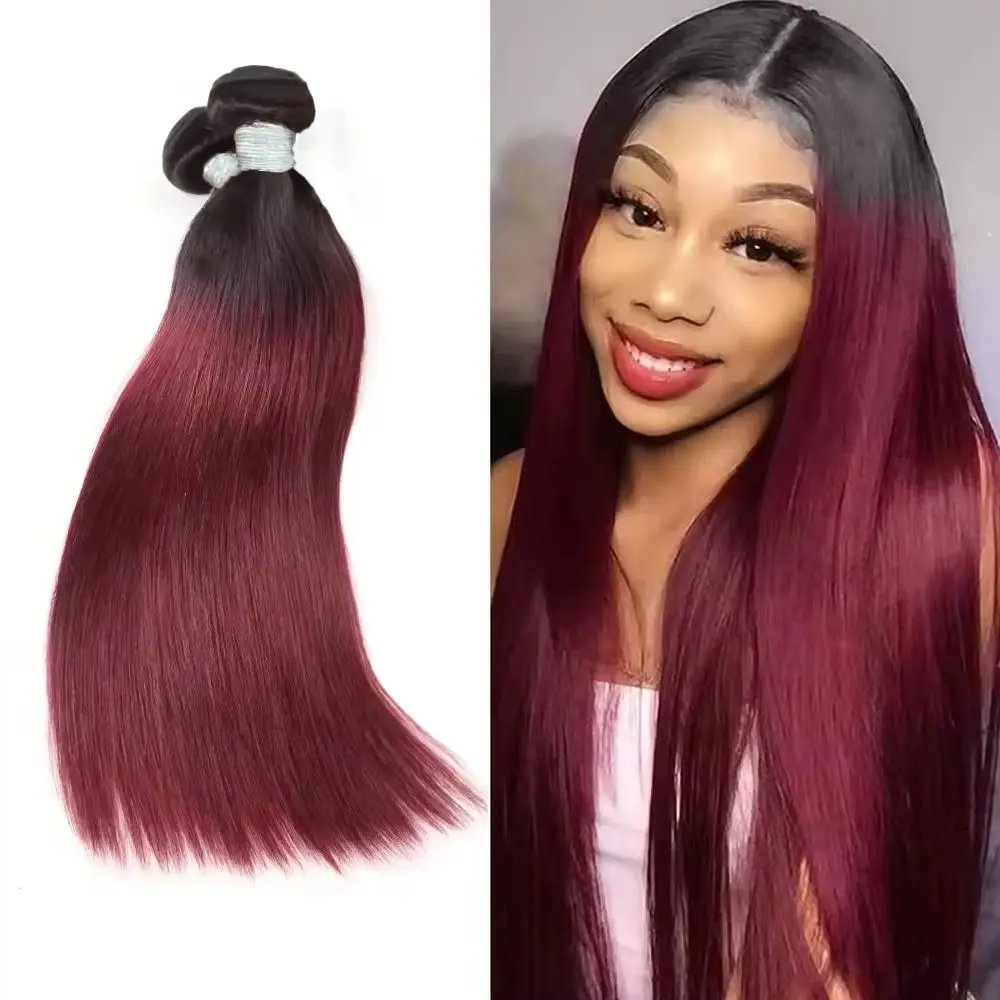 Ombre 1B/99j Burgundy Human Hair Bundles 16A Hair Double Weft Red Colored Human Hair Weave Virgin Remy Hair Extension 1/3Pcs