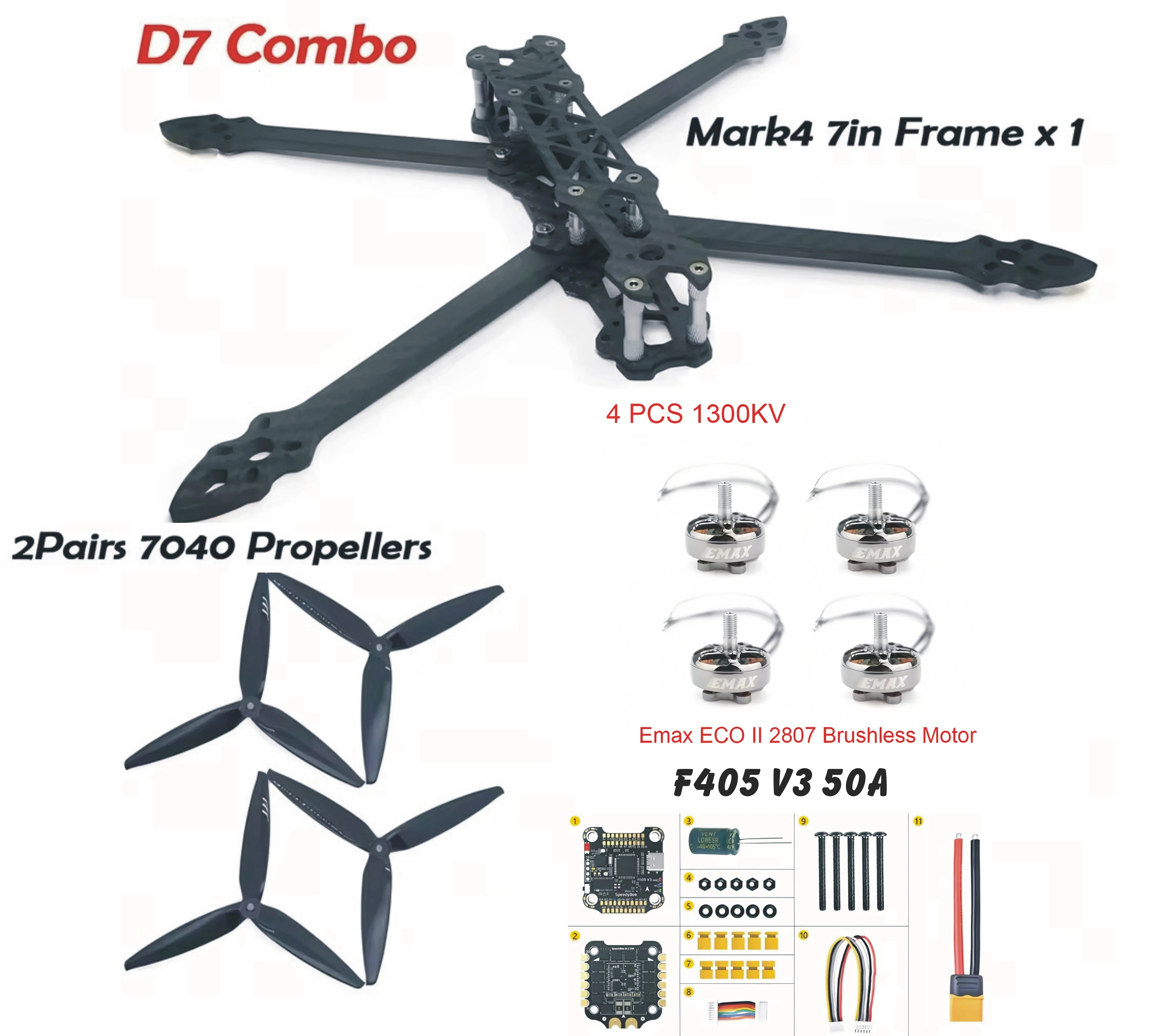 FPV Carbon Fiber Frame Mark4 V2 7Inch 6mm Arm EMAX ECO II 2807 1300KV Brushless Motor Gemben 7040 7inch Prop Long Range Drone