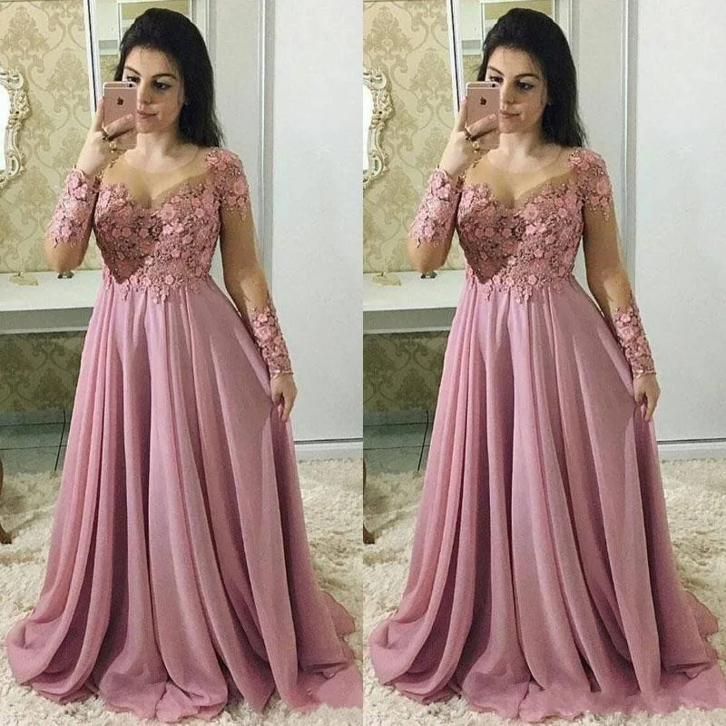 

Long Sleeves Pink Mother Of The Bride Dresses Jewel Neck Illusion Lace Appliques Flowers Party Evening Wedding Guest Gowns