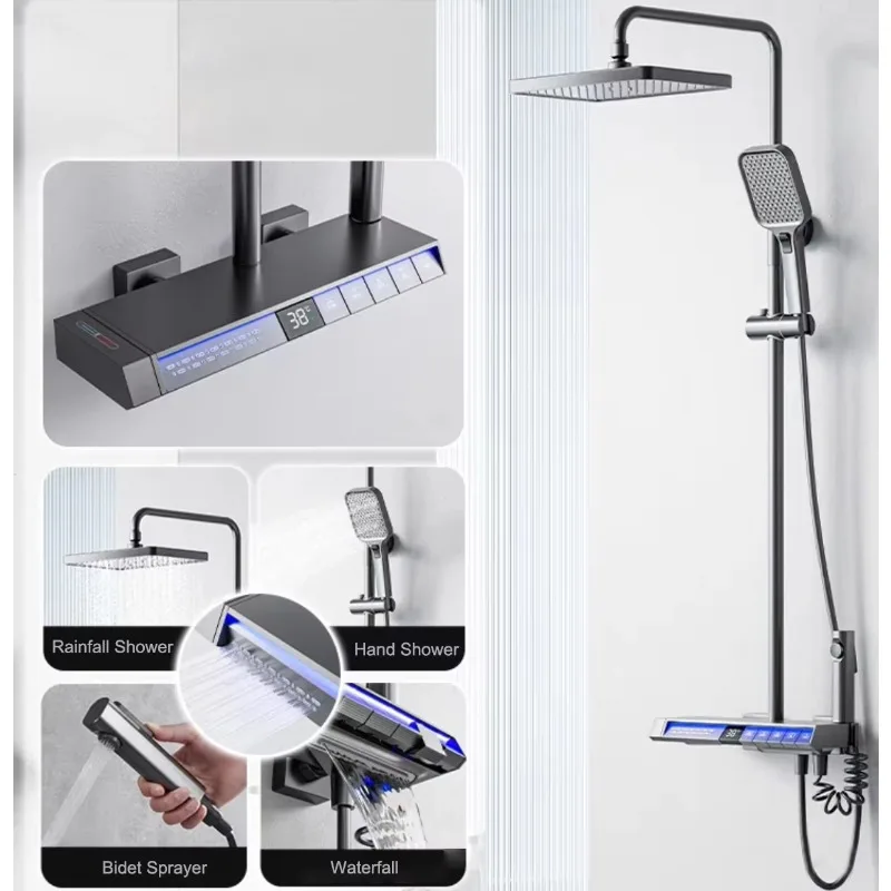 Diodo emisor de luz con pantalla digital Termostato de latón Ducha de cascada de lluvia de 5 funciones