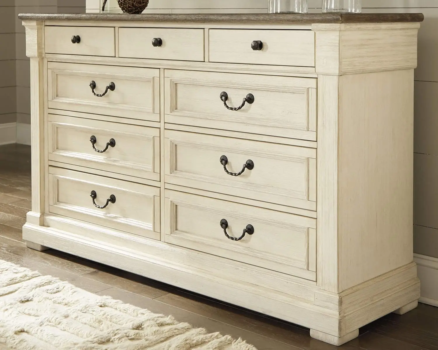 Farmhouse 9 Drawer Dresser with Dovetail Construction Antique White Weathered Gray it's sure to impress every time