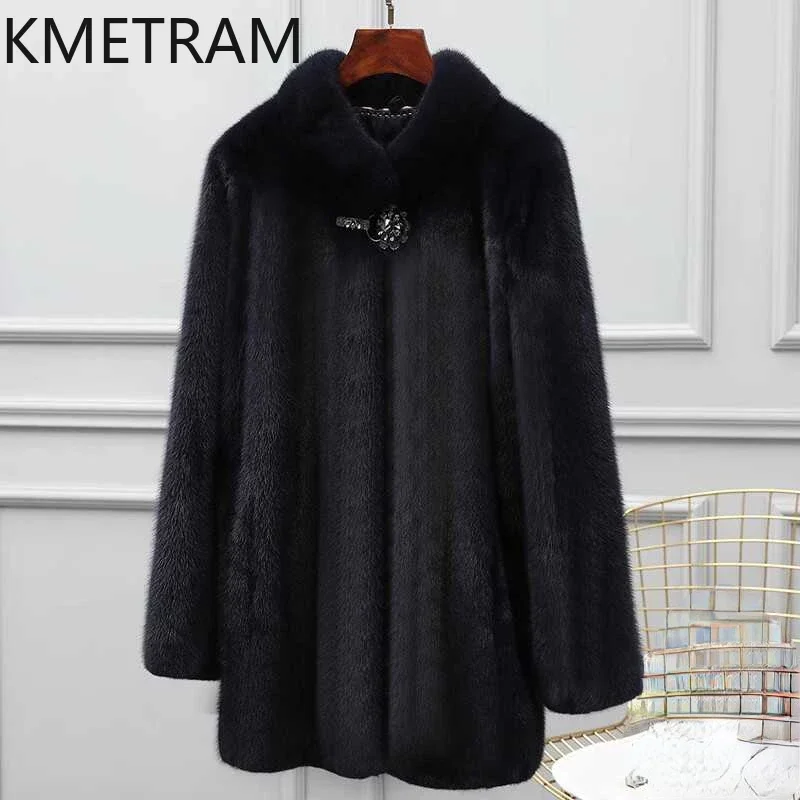 KMETRAM Natural Mink Fur Coat Winter Luxury Mid Length Fur Jacket Warm New in Coats Clothes for Women 2024 Manteaux Hiver Femme