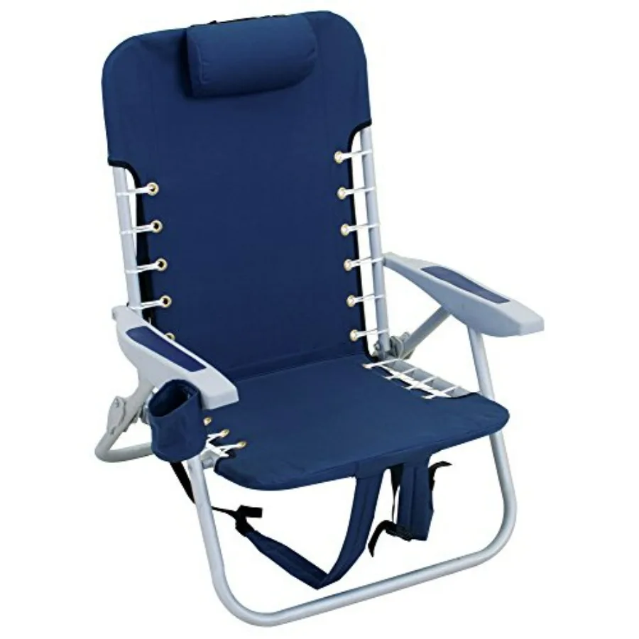 

Beach chair with backpack suspension, folding design, lace-up back support, 4-position recline, durable polyester fabric, navy