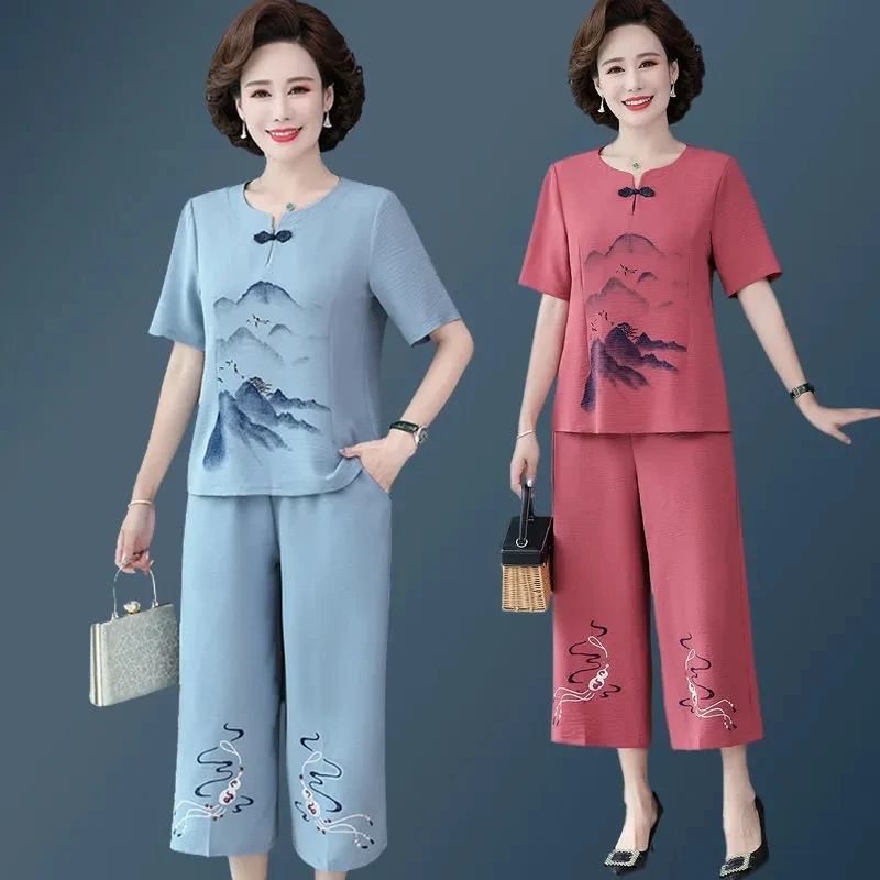 Middle Aged Elderly Mothers Cotton Linen Short Sleeved T-shirt Pants Set Summer Grandma Costume Thin Short Sleeved T-shirt Suit