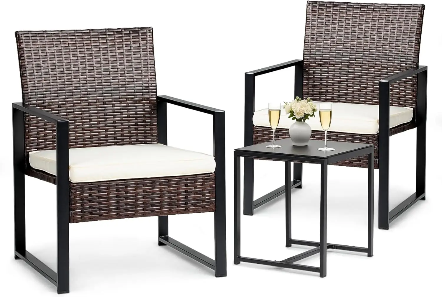 

Outdoor Patio Furniture Set of 3 Rattan Small Outdoor Table and Chairs Set 3 Piece Wicker Patio Seating Furniture for Balcony Fr