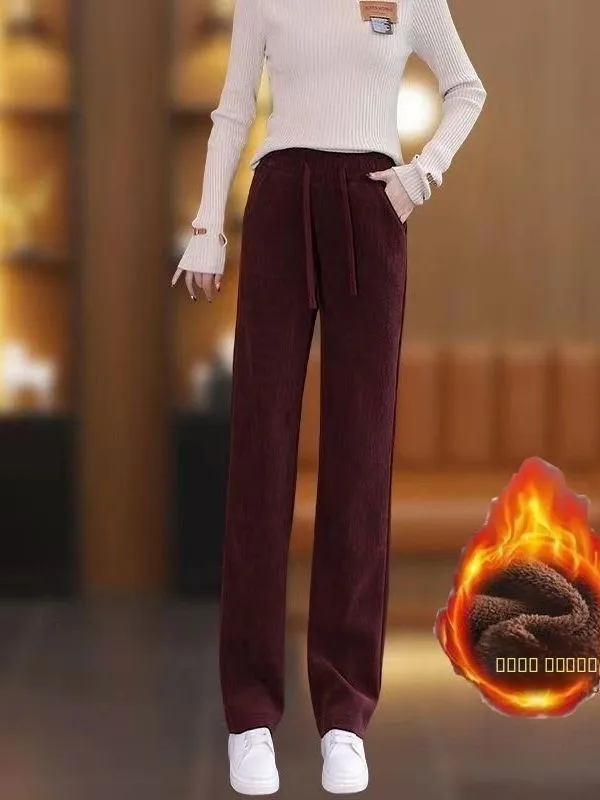 High Waist Fce Lined Narrow Wide Leg Pants Casual Corduroy Khaki Straight Leg Trousers for Women Spring Autumn New Arrival