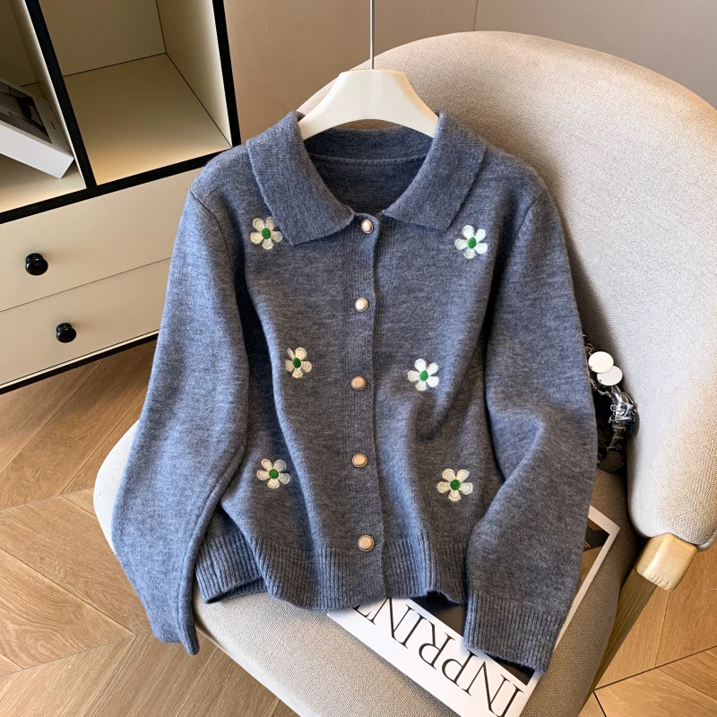 

Women's Grey Flower Print Knit Sweater Harajuku Vintage 2000s Y2k Polo-Neck Knitwear Long Sleeves Cashmere Sweater Autumn 2025