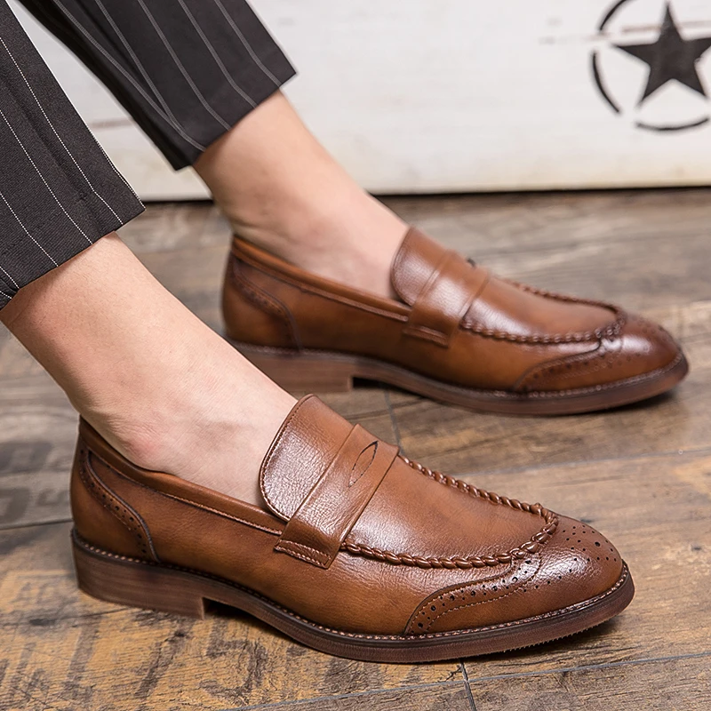 

Luxury Brand Penny Loafers Men Casual Shoes 2023 Slip On Leather Dress Shoes Big Size 38-47 Brogue Carving Loafer Driving Shoes