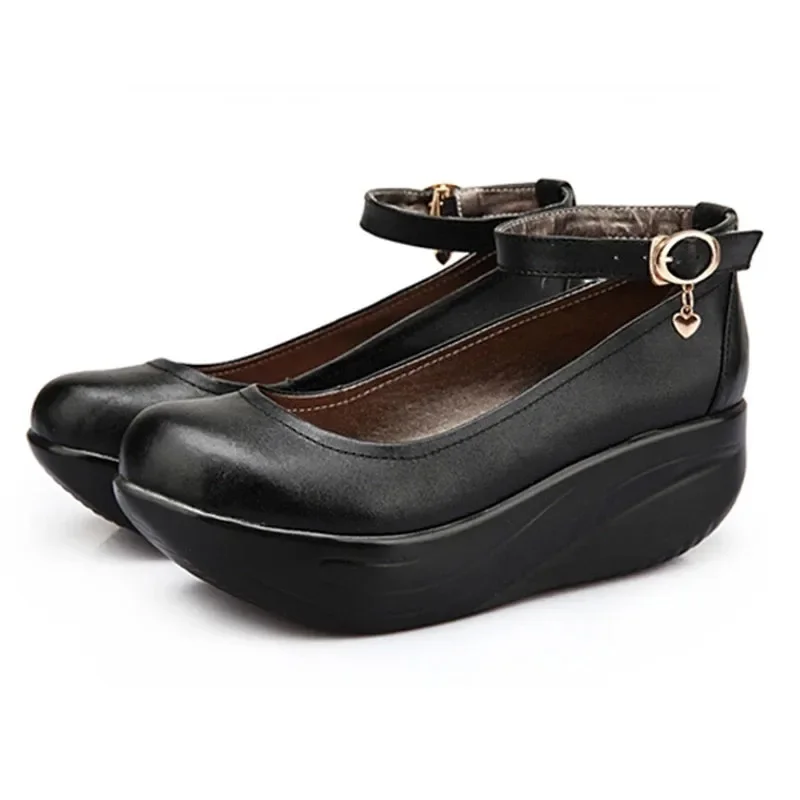 YAERNI Spring Autumn Women Swing Shoes Black Leather Ankle Wedges Shoes Comfortable Thick Sole Height Increase Shoes Big Size