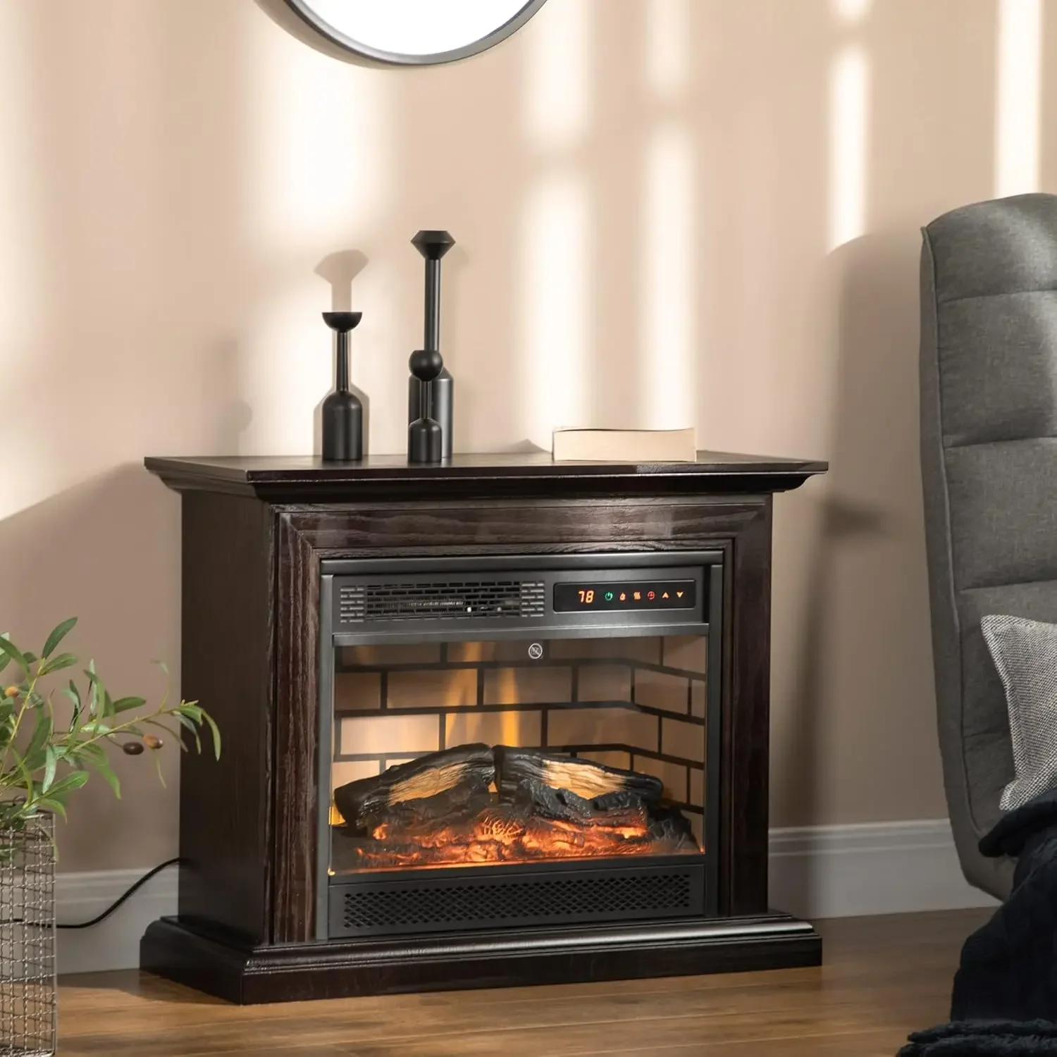 Fireplace with Dimmable Flame Effect and Mantel, Freestanding Space Heater with Log Hearth and Remote Control, 1400W, Brown