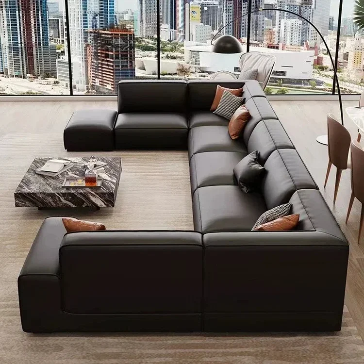 

Italian modular leather sofa, top layer cowhide living room, Italian minimalist modern luxury corner sofa, black