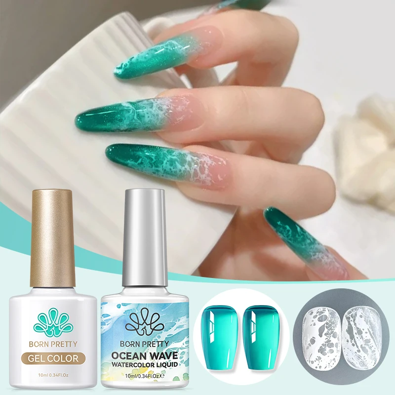 BORN PRETTY Kit de Esmalte de Uñas en Gel Blanco con Efecto Burbuja y Olas Oceánicas, 1/2 Piezas, Esmalte de Uñas de Verano, Gel Semipermanente, Removible con UV LED