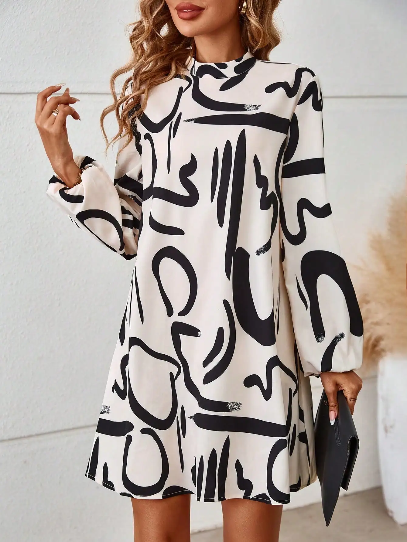 

Clasi Printed Lantern Sleeve Casual Dress Fall Cloth For Women