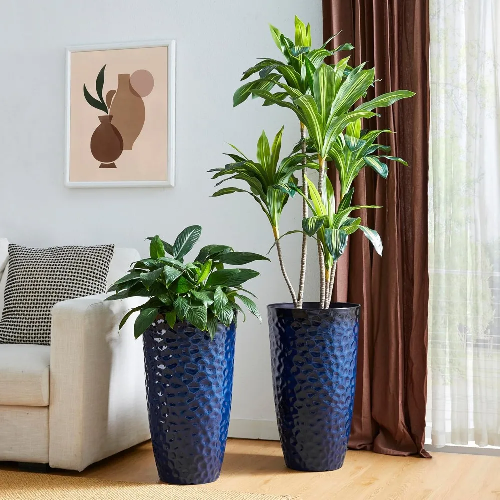 

23.75" H Oversized Tall Planter,Modern Set of 2 Honeycomb Textured Gradient Cobalt Blue Round Garden Plant Pots