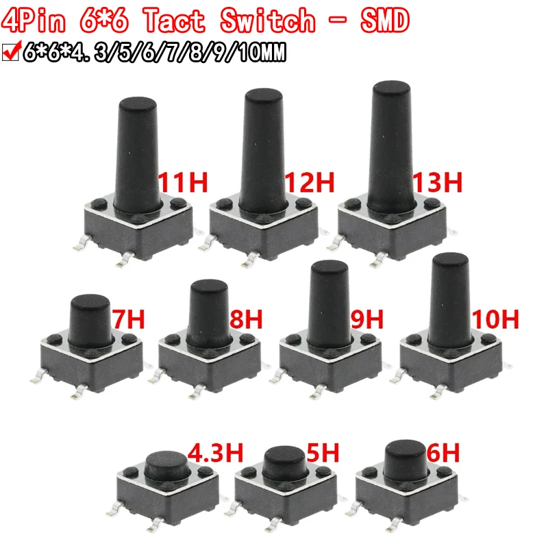 20PCS 4Pin 6*6 Tact Switch Mini Micro Momentary Tactile Push Button Switch 6*6* 4.3/4.5/5.5/6/6.5/7/7.5/8/8.5/9/9.5/10/13mm