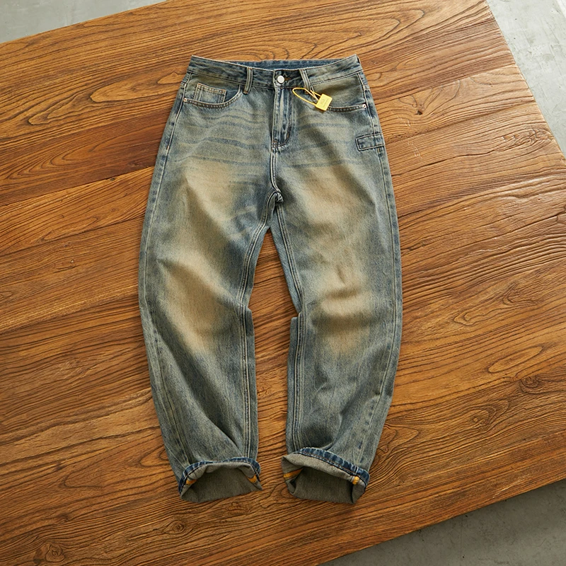 

Свободные широкие мужские джинсы в стиле ретро, модные брендовые мягкие винтажные джинсовые брюки с прямыми конусами, длинные брюки