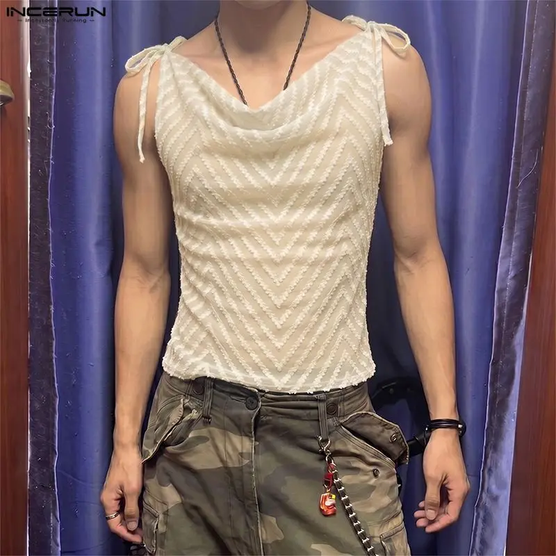 INCERUN Men's Tank Tops Embroidery Lace Up Sleeveless See Through Mesh Male Vests Sexy Summer 2026 Party Fashion Men Clothes