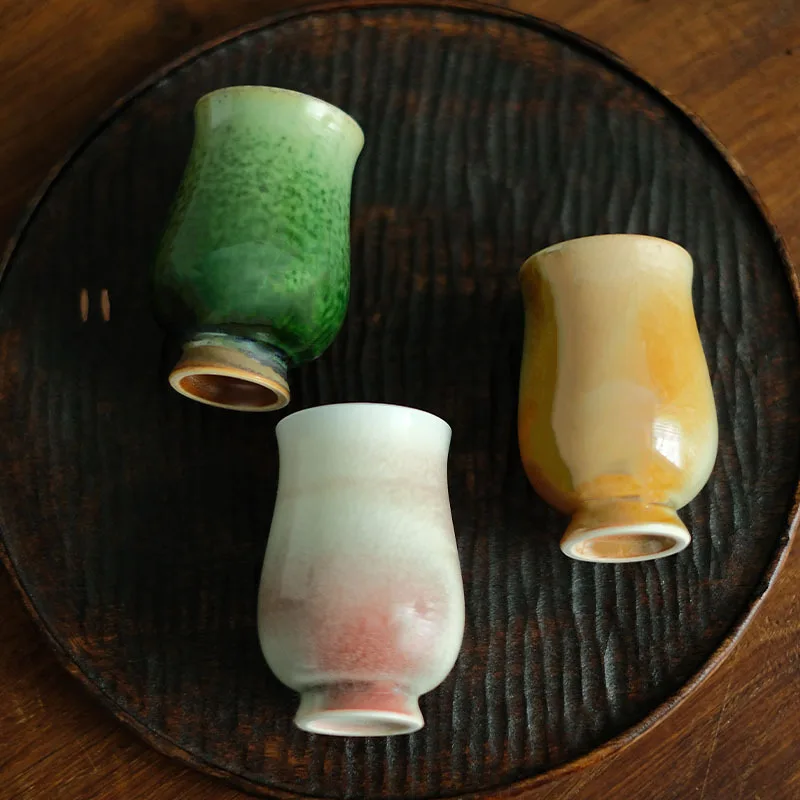 Hand Thrown Stem Scent Cup Wood Fired Kiln Change Glaze Mini Tea Cup Three Color Elegant Lady Kung Fu Tea Tasting Cup